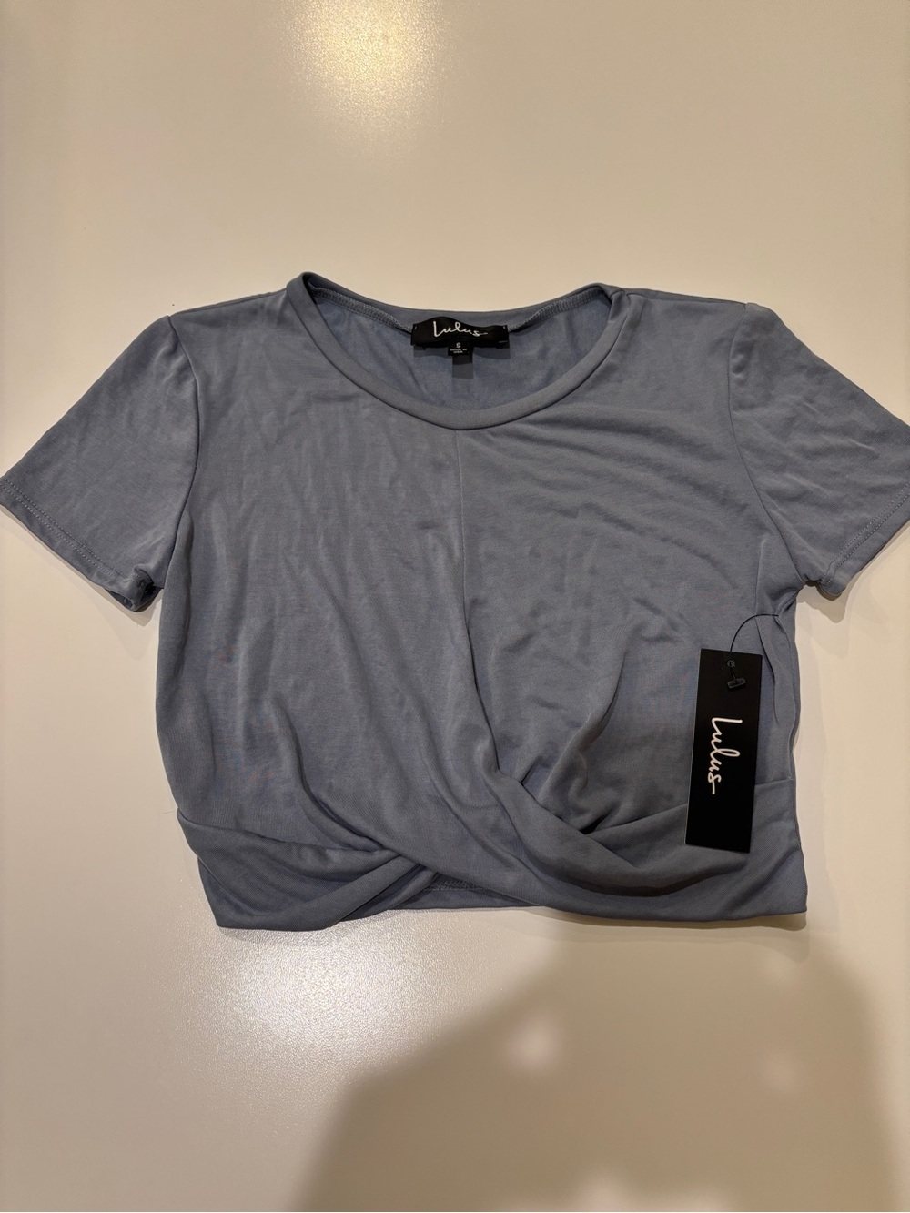 Lulu's Sz S Dusty Blue Twist-Front Crop Top NWT Casual Summer Soft Modal Fabric